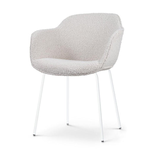  Nolon Nora-Mare Eetkamerstoel Bouclé Beige - Armleuning - Witte Poten