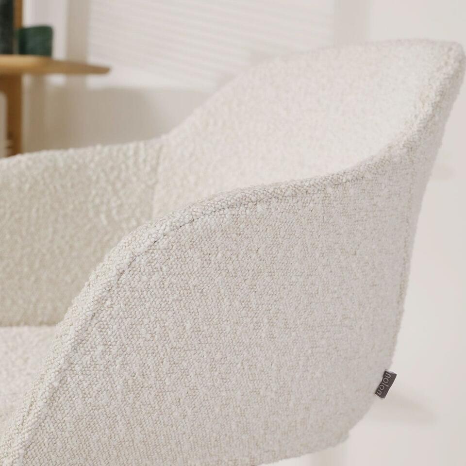  Nolon Nora-Mare Eetkamerstoel Bouclé Beige - Armleuning - Witte Poten