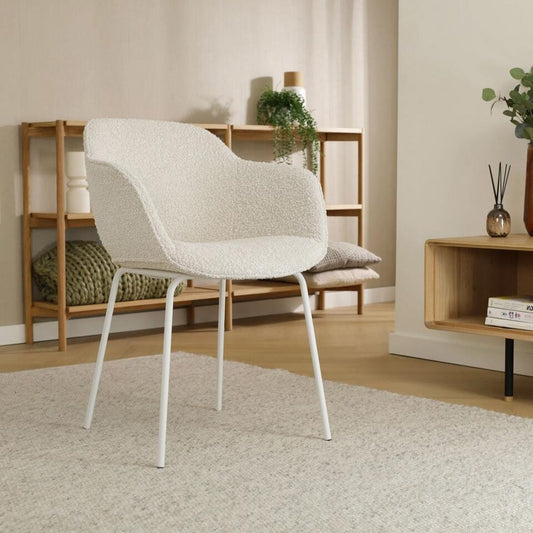  Nolon Nora-Mare Eetkamerstoel Bouclé Beige - Armleuning - Witte Poten